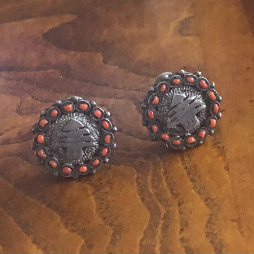 Vintage handcrafted inlaid stone Aztec design clip on earrings